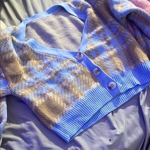 No Boundaries Blue and Tan Cardigan Sweater with Unique Pattern